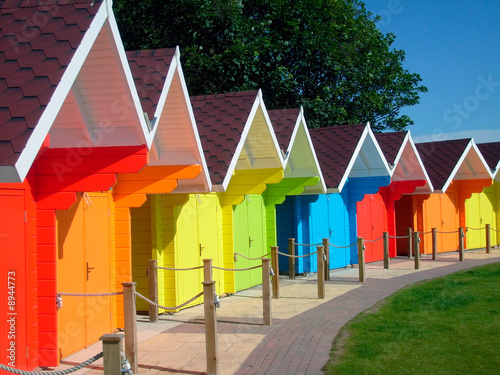 Exteriors of beautiful bright seaside beach chalets
