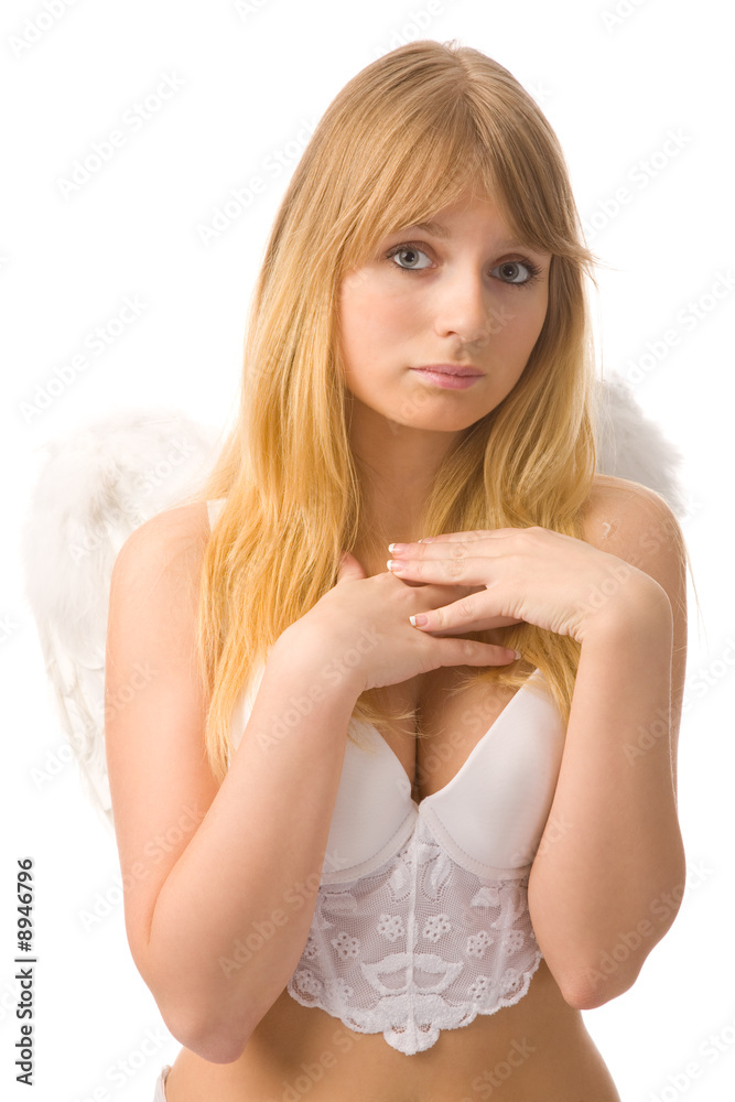 young sexy woman dressed as angel on white background young sexy woman dressed as angel on white background