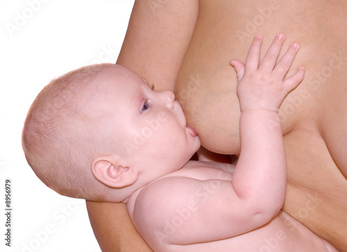 mother breast feed her baby  on a white background