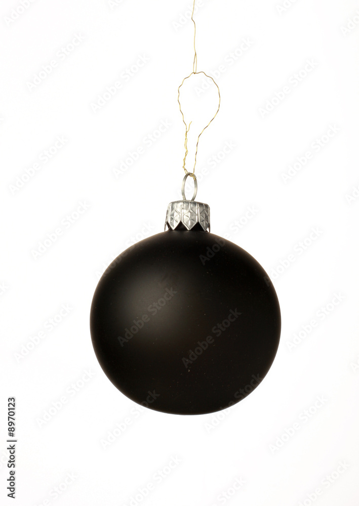 A black christmas ball hanging from golden thread, A black christmas ball hanging from golden thread,