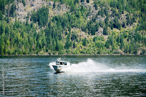 A rescue maintenance boat on a lake