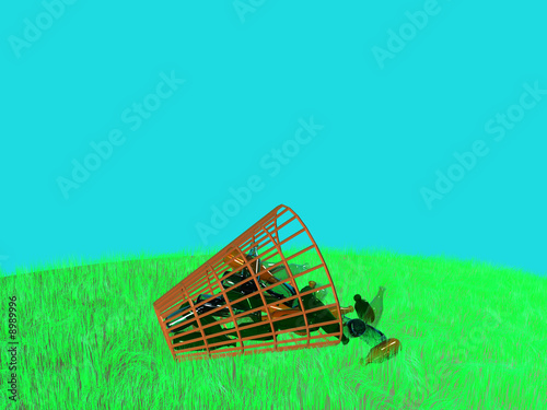Basket with bottles, standing on a green grass.