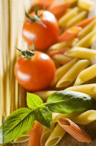 fresh basil pasta and tomato close up