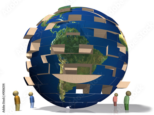 Jenga styled globe.  World in crisis.  Falling apart.