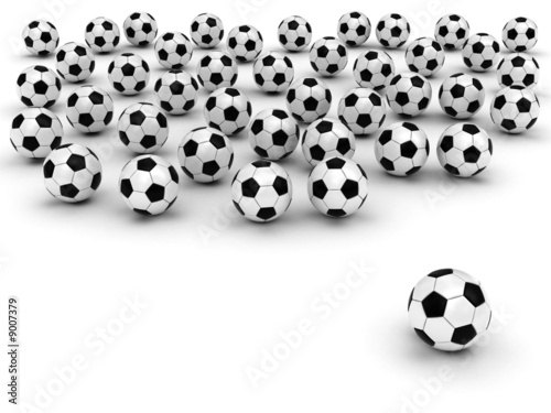 Soccer balls on white background rendered with soft shadows