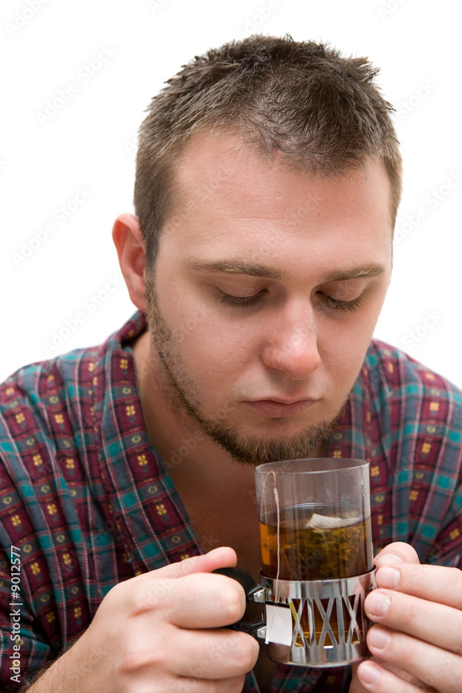 very sick man on white background