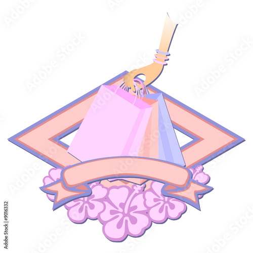 Arm holding shopping bags over logo with flowers and ribbon