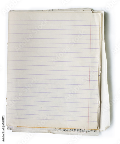 Stack of old lined papers from note book. Clipping path included