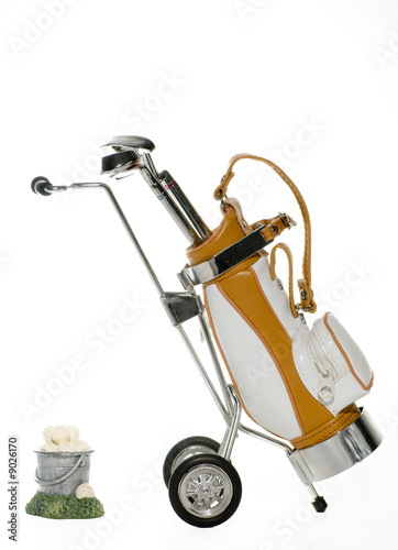 Golf Bag with clubs and bucket of balls