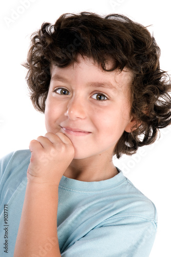 portrait of a handsome boy with blue shirt on a white background