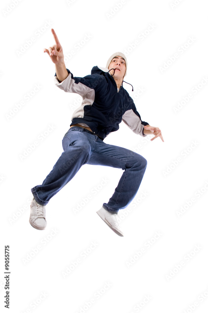 Young adult jumping(dancing), isolated on white