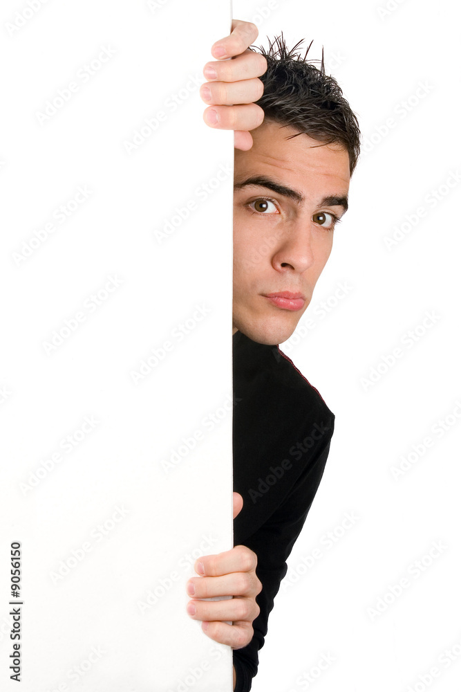 Young adult holding blank panel, isolated on white Young adult holding blank panel, isolated on white