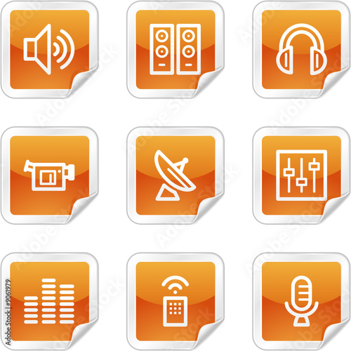 Media web icons, orange glossy sticker series