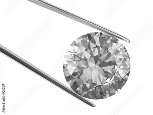 Close-up view on diamond in tweezers isolated on white