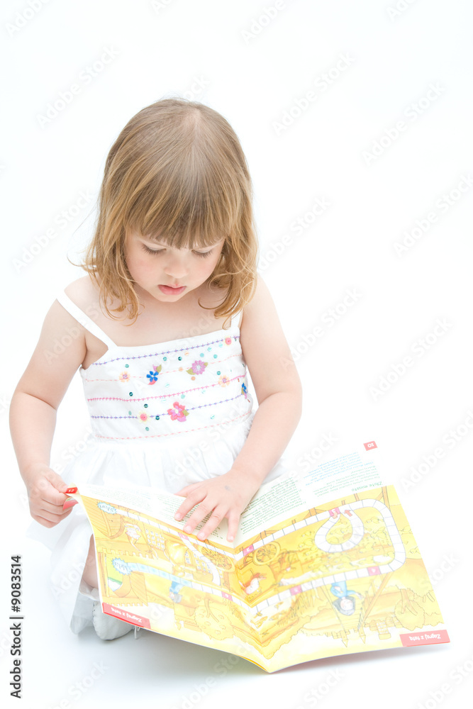 little girl reading fairy tales on white background little girl reading fairy tales on white background