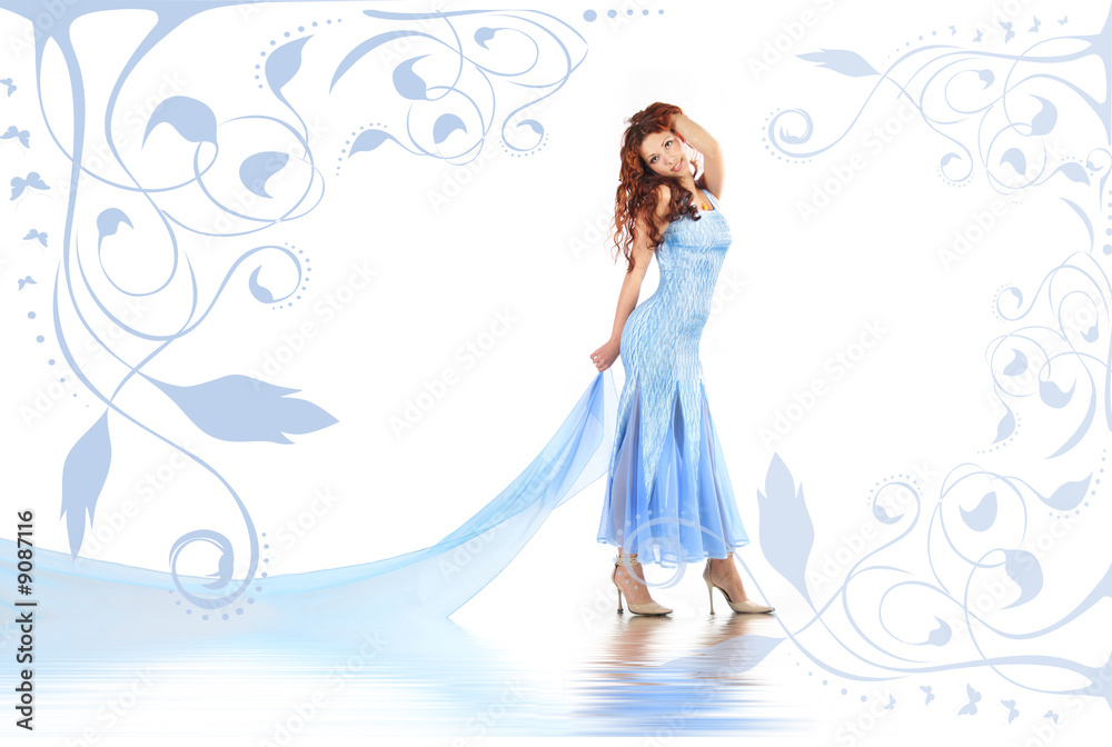 curly-headed girl on floral blue background curly-headed girl on floral blue background