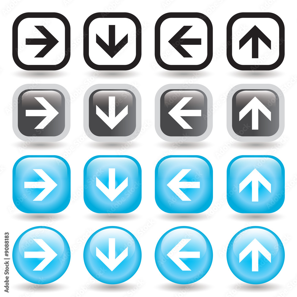 An set of navigation arrow vector icons in black and blue An set of navigation arrow vector icons in black and blue