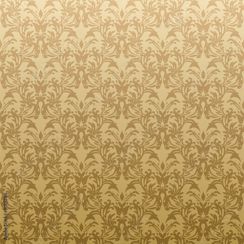 Floral inspired gothic repeat wallpaper design in gold
