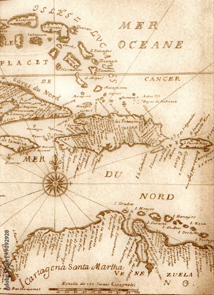 handwritten ancient map of Caribbean basin from the book of 1678