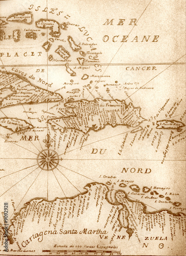 handwritten ancient map of Caribbean basin from the book of 1678