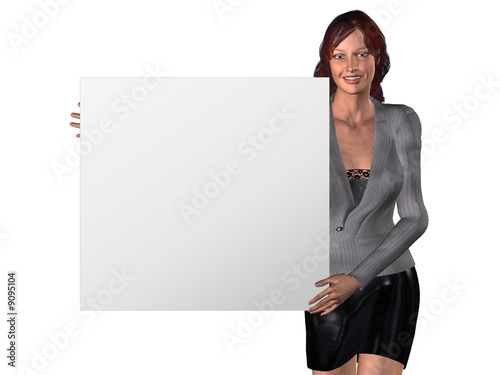 A 3D smiling woman keeps a board