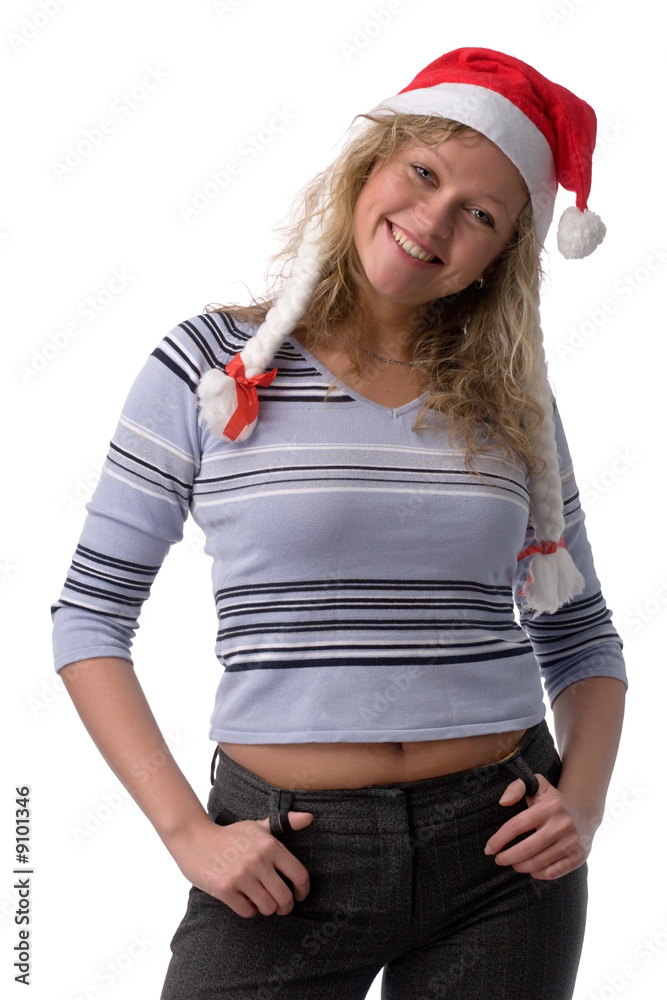 young smiling woman in Christmas Santa red hat young smiling woman in Christmas Santa red hat