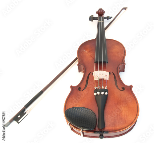 Violin and a bow, isolated on a white background.