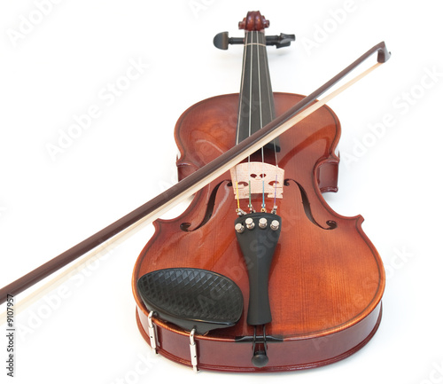 Violin and a bow, isolated on a white background.