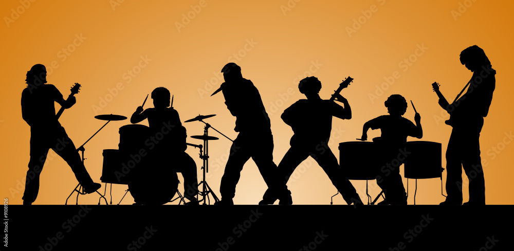 Rock band. Silhouettes of six musicians.
