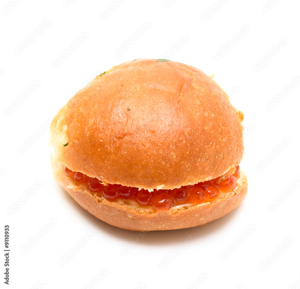 Sandwich with red caviar isolated on white for your design