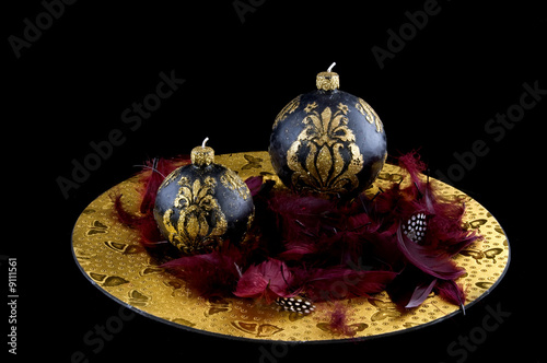 Blue decoration christmas candles on golden plate