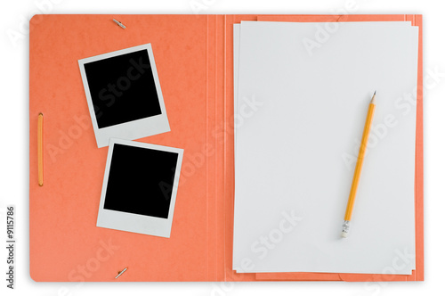 Open folder and instant photos isolated on white