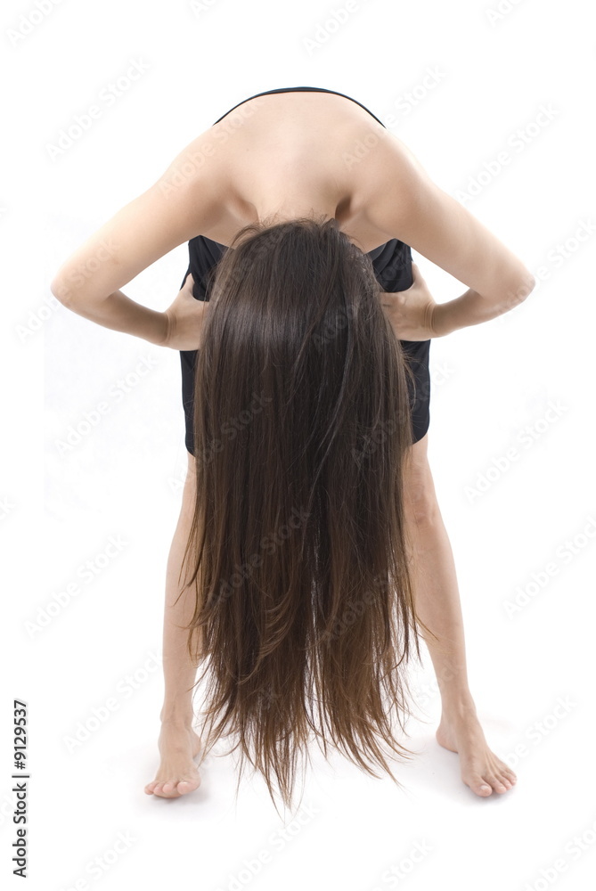Woman showing her hair on white background .