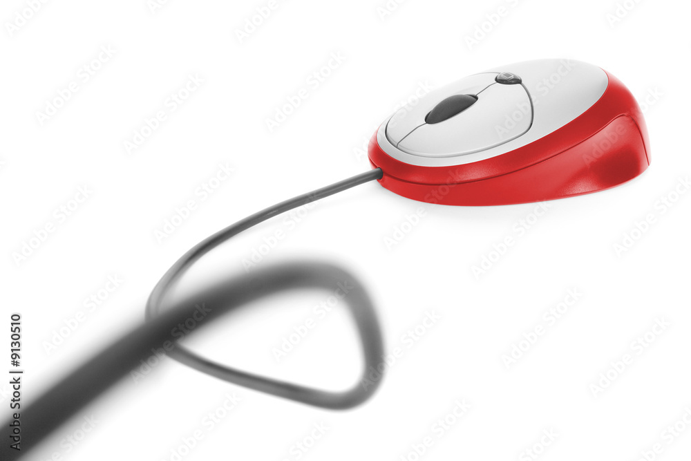 red computer mouse with cable isolated on white red computer mouse with cable isolated on white