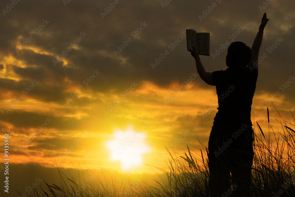 female praying with bible against summer sunset,