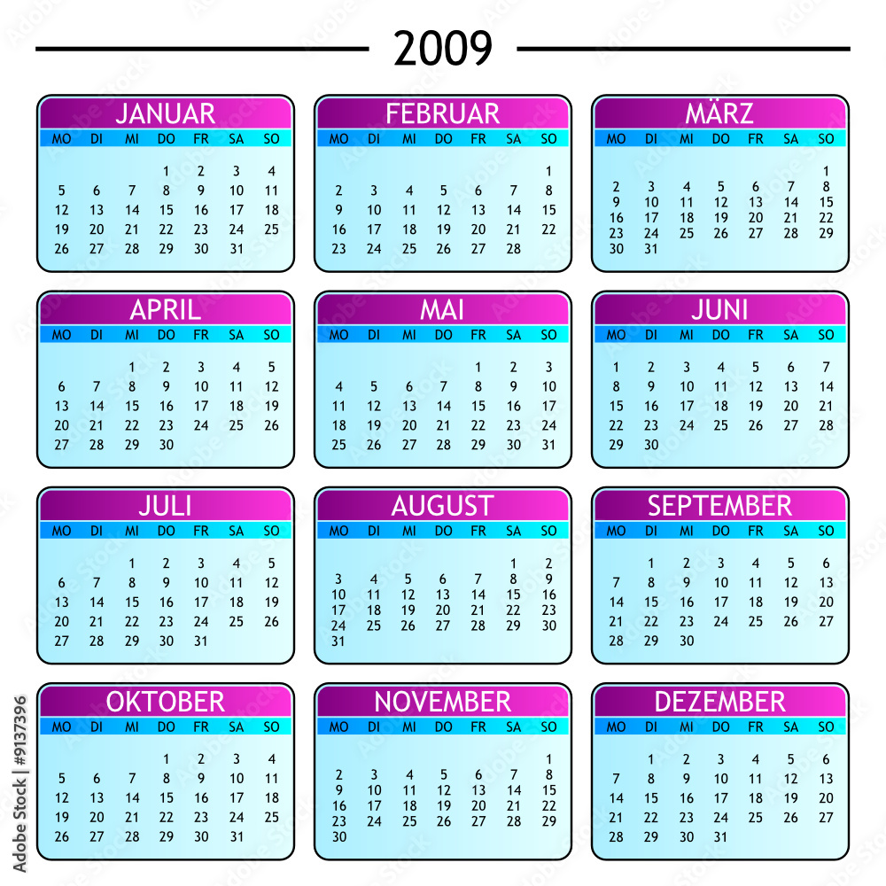 jahreskalender 2009 Stock-Vektorgrafik | Adobe Stock