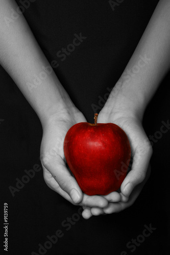 hands holding a red apple in black background.