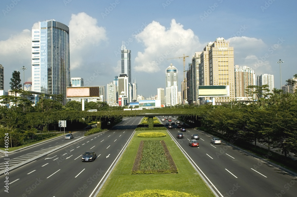 China, Shenzhen - main avenue and skyscrapers