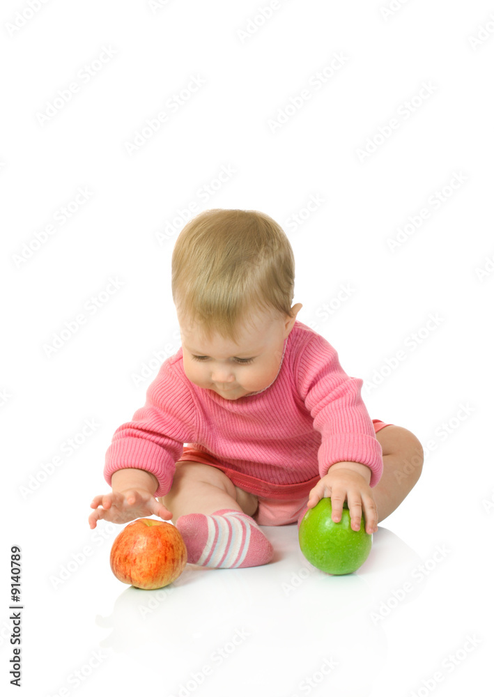 Small baby with apple #6 isolated on white Small baby with apple #6 isolated on white
