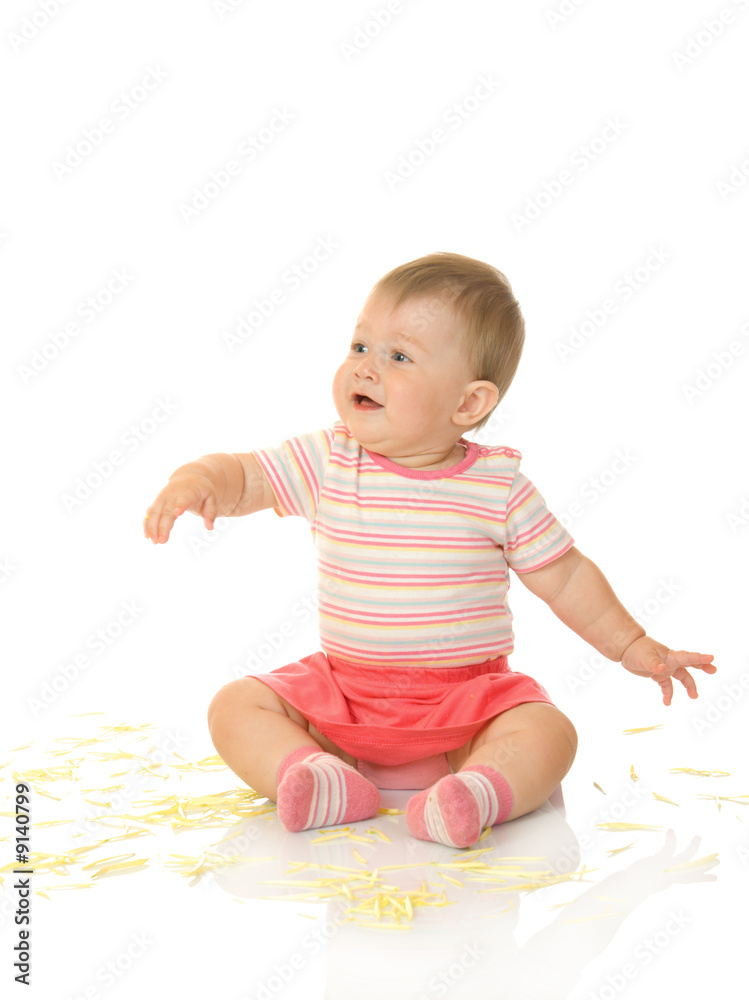 Sitting small baby with yellow petals #4 isolated Sitting small baby with yellow petals #4 isolated