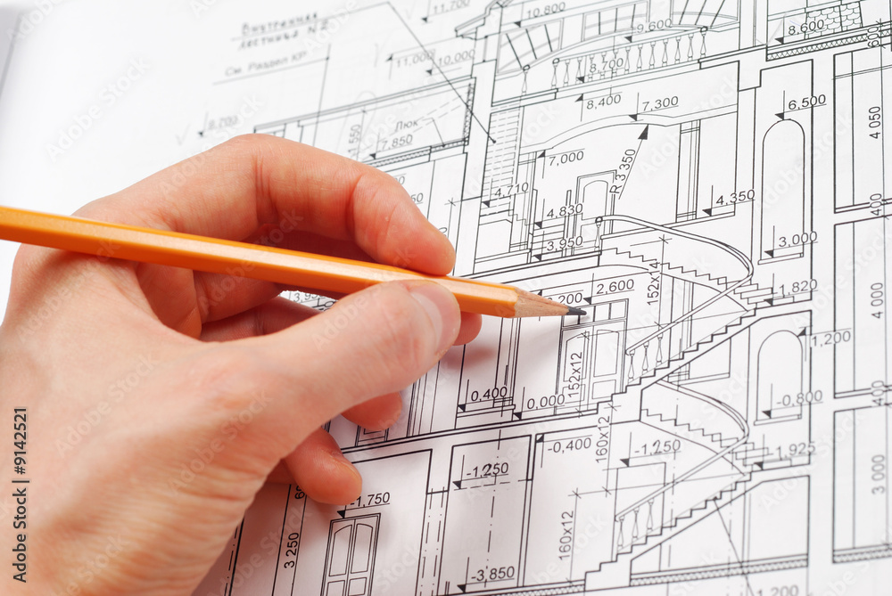 House plan blueprints, designer's hand House plan blueprints, designer's hand