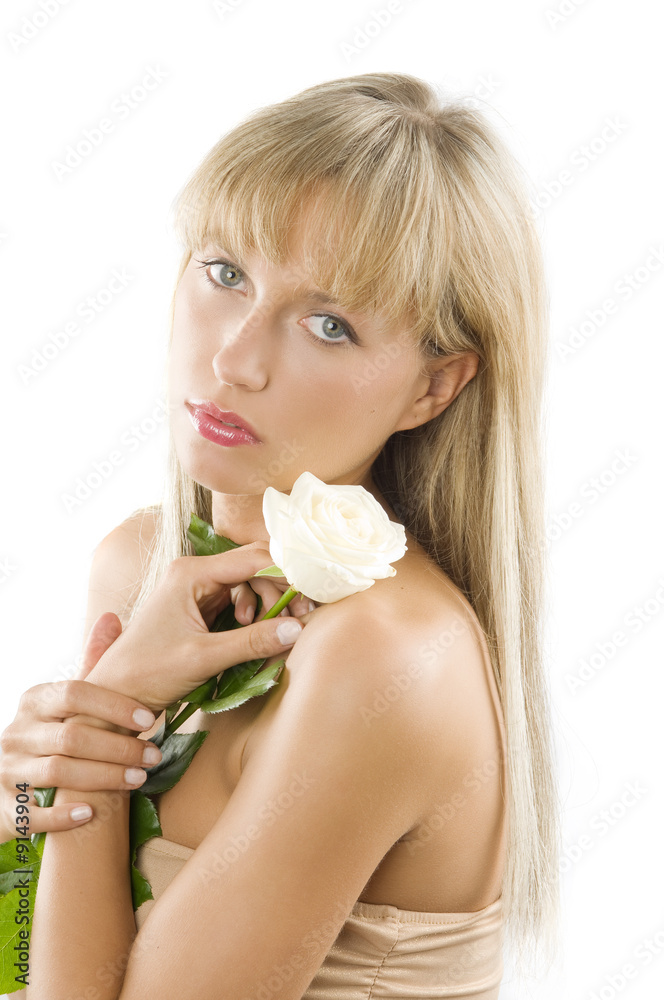 beautiful young woman with long blond hair white rose beautiful young woman with long blond hair white rose