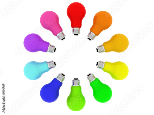 Lightbulbs kaleidoscope of rainbow colours isolated on white