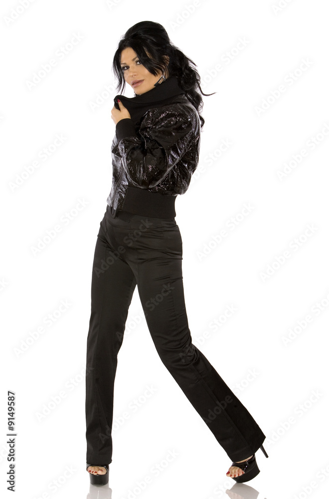 pretty woman wearing black outfit on white background pretty woman wearing black outfit on white background