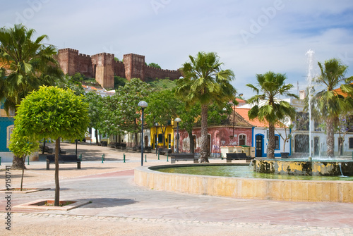 Silves plaza with fountain looking towards the Moorish castle