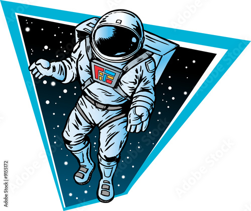 Astronaut floating around in space with stars in background.
