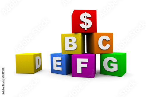 blocks with the letters of the alphabet and a dollar sign