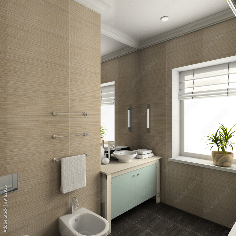 Modern design interior of bathroom. 3D render Modern design interior of bathroom. 3D render
