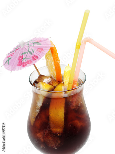 Cool Long Island Iced Tea isolated on a white background.