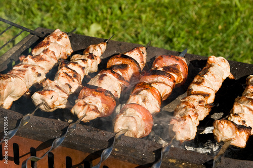 Shish kebab preparation on a brazier. Outdoor picnic. Close up.